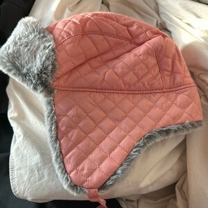 Cat & Jack Girls Pink Quilted Trapper Hat Faux Fur Trim Fleece Lined 2T-5T
